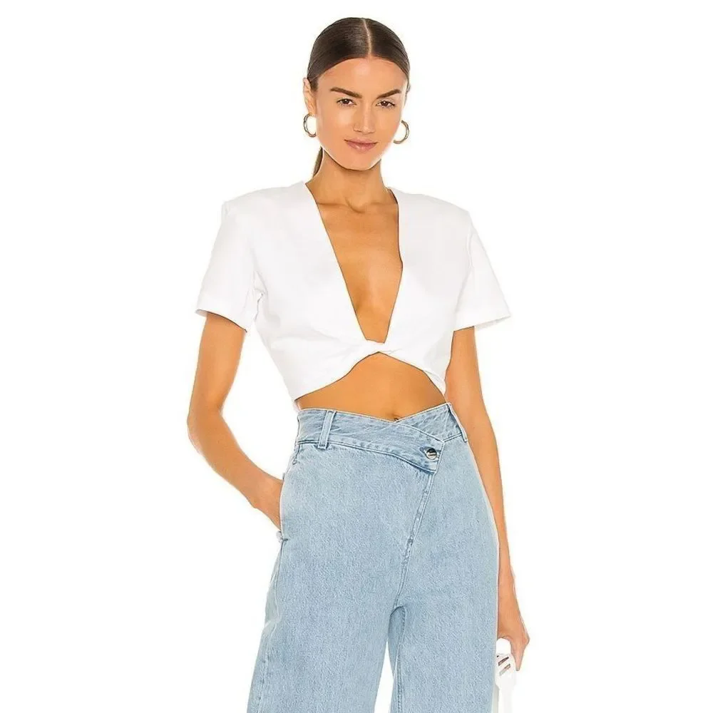 Gauge81 White Keila Front Twist Crop Casual Top 100% Cotton Short Sleeves Size L